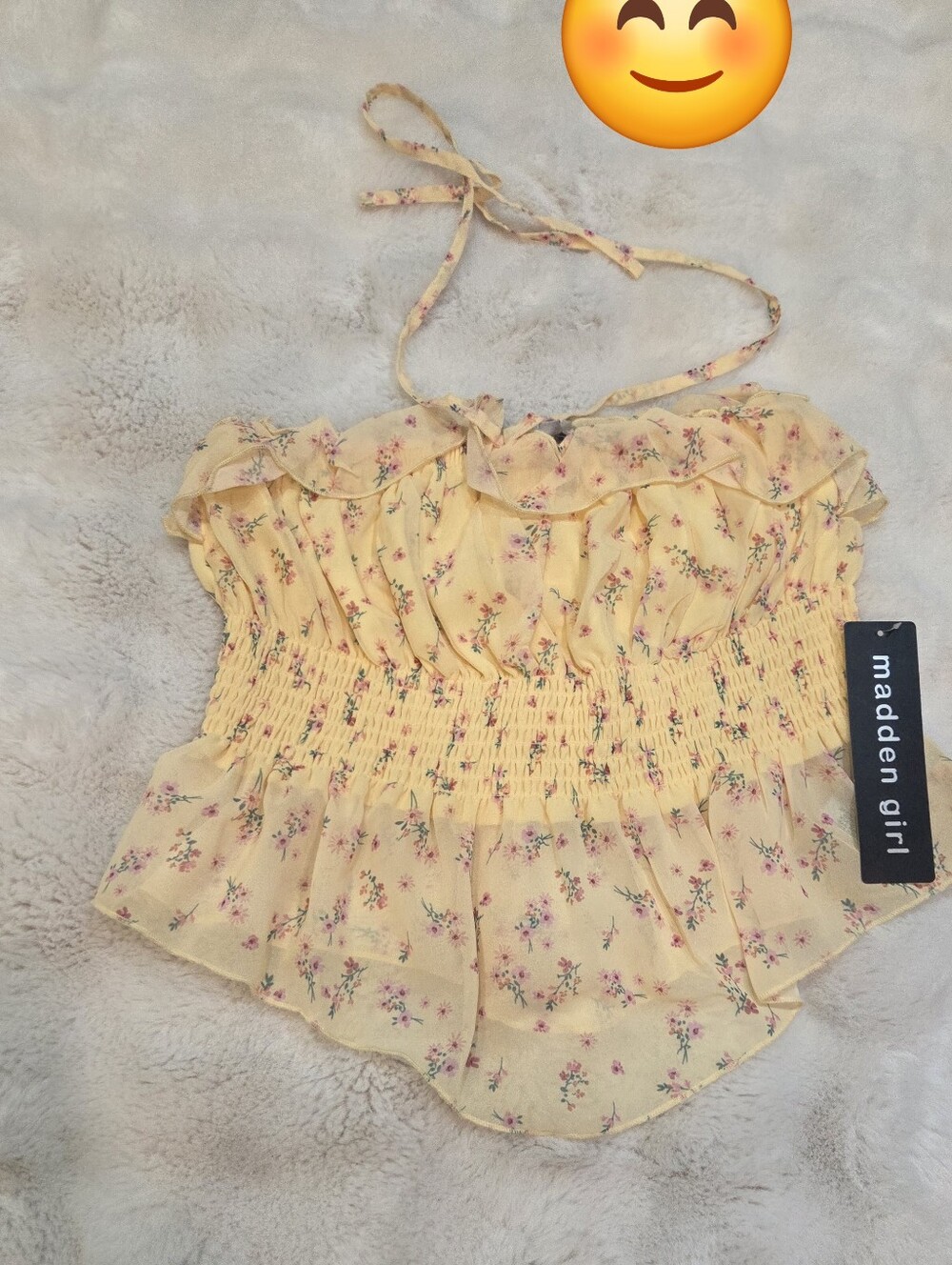 Madden Girl Yellow Floral Smocked Halter Top